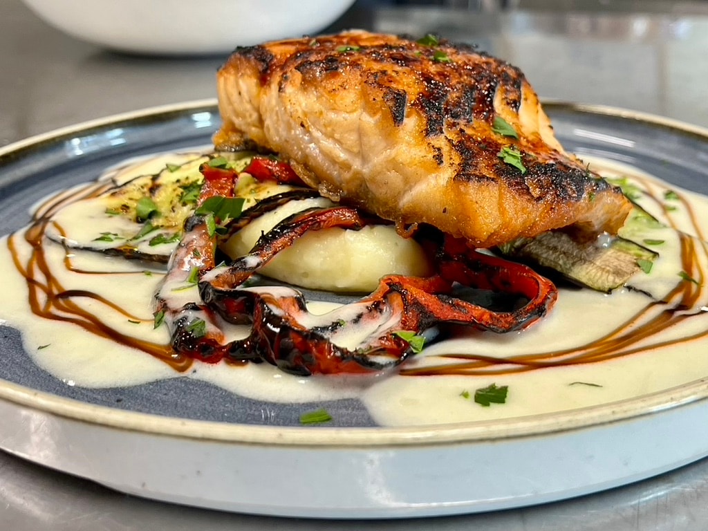 Pan-seared local fish with roasted vegetables — FORC Restaurant Waimea, Big Island